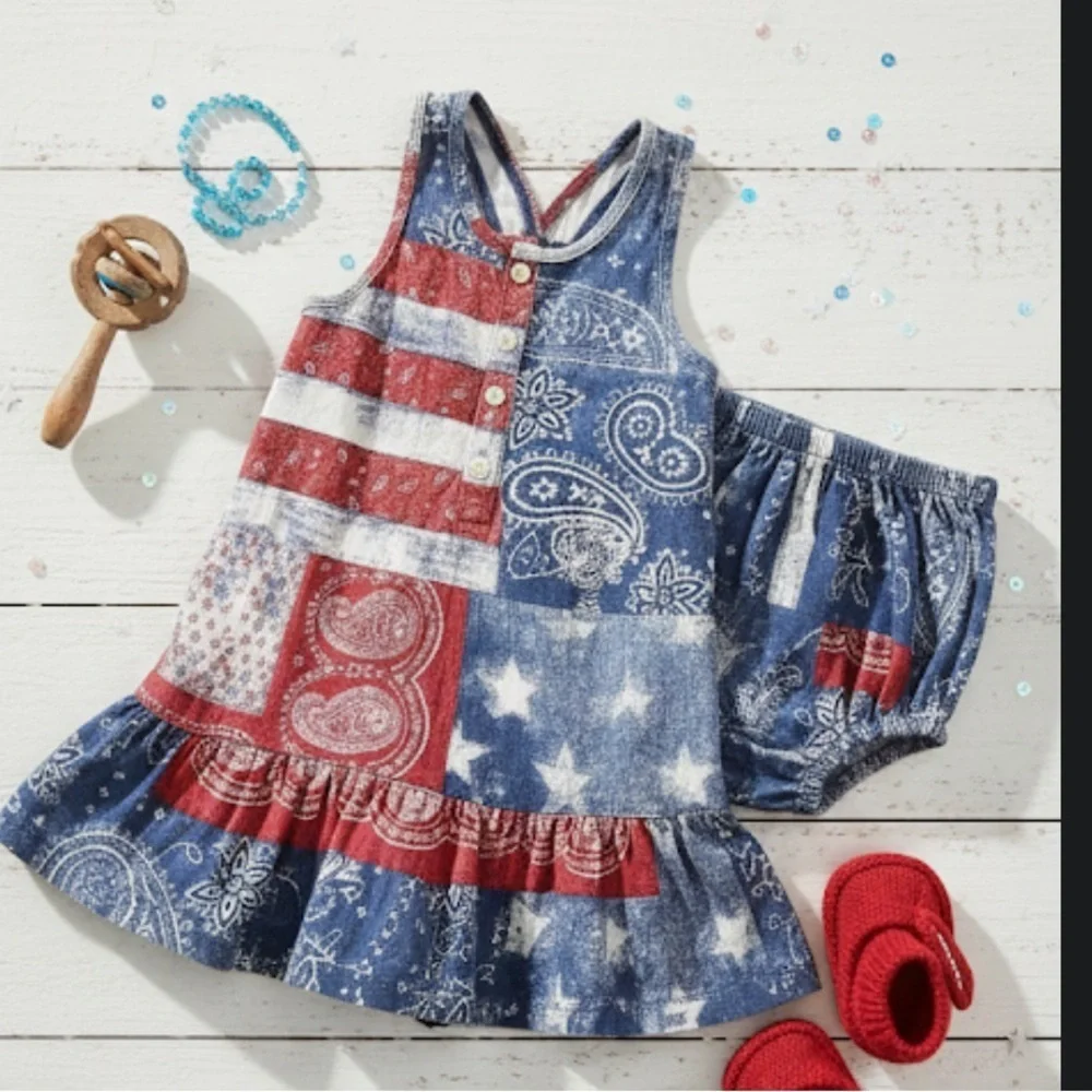 Adorable Ralph Lauren American Flag & Paisley Print Dress with Diaper Cover -nwt